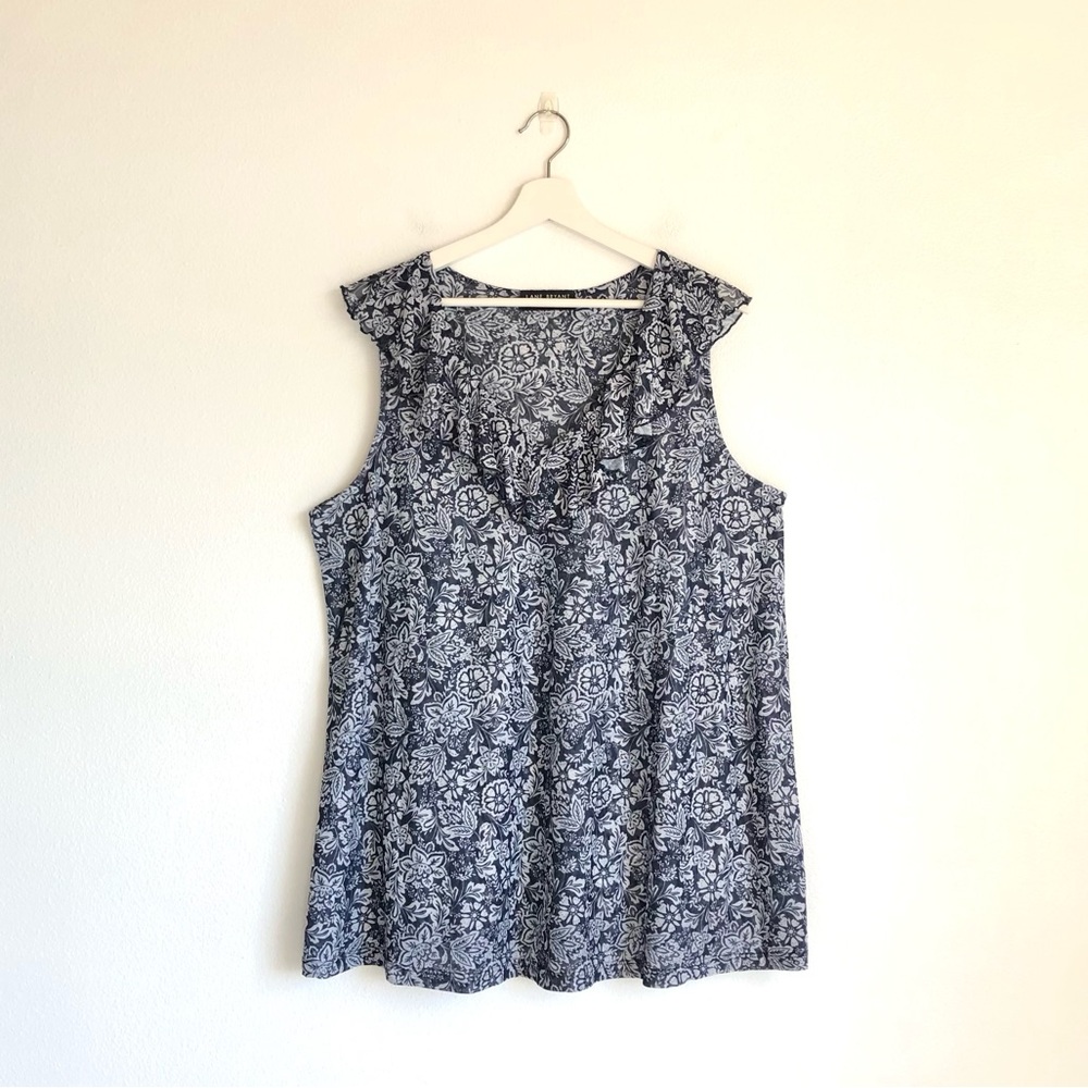 Lane Bryant Blue / White Floral Paisley Ruffle Mesh Sleeveless Top Size 18/20